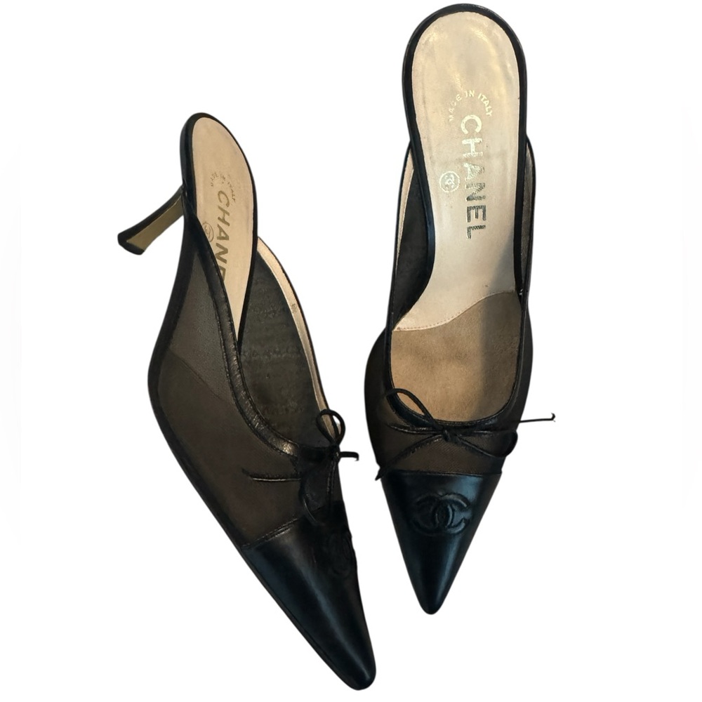 CHANEL “CC” Black MESH MULE HEELS - Picture 2 of 7
